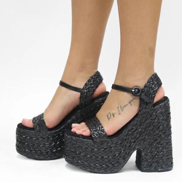 $7 BRAND NEW | LEMONADE Espadrille Platform Block Heels - Black - Picture 2 of 2